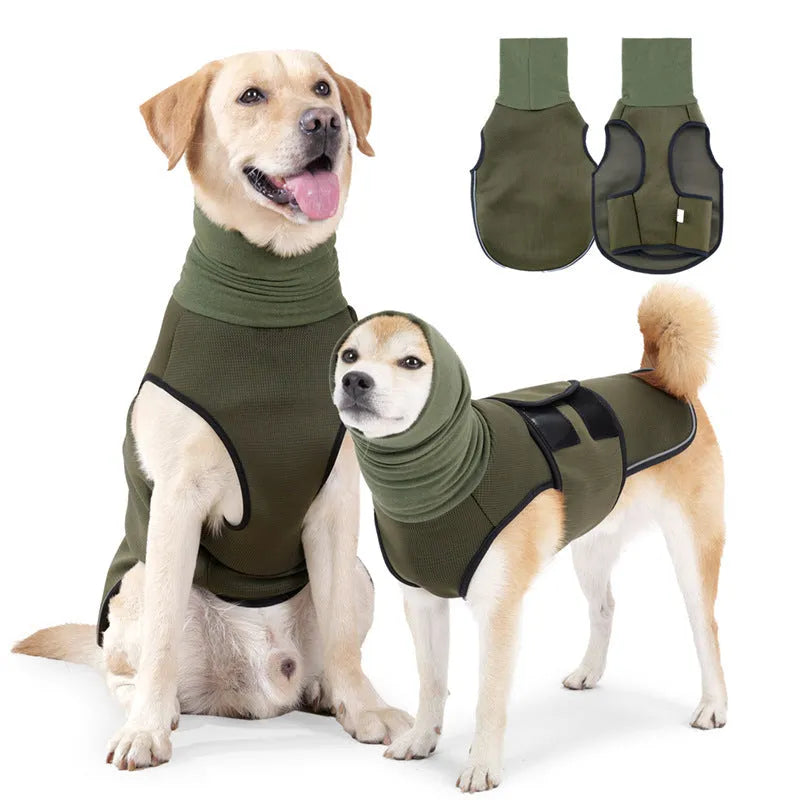 Dog wearing army green anti-anxiety jacket for stress relief during thunderstorms