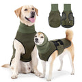 Dog wearing army green anti-anxiety jacket for stress relief during thunderstorms