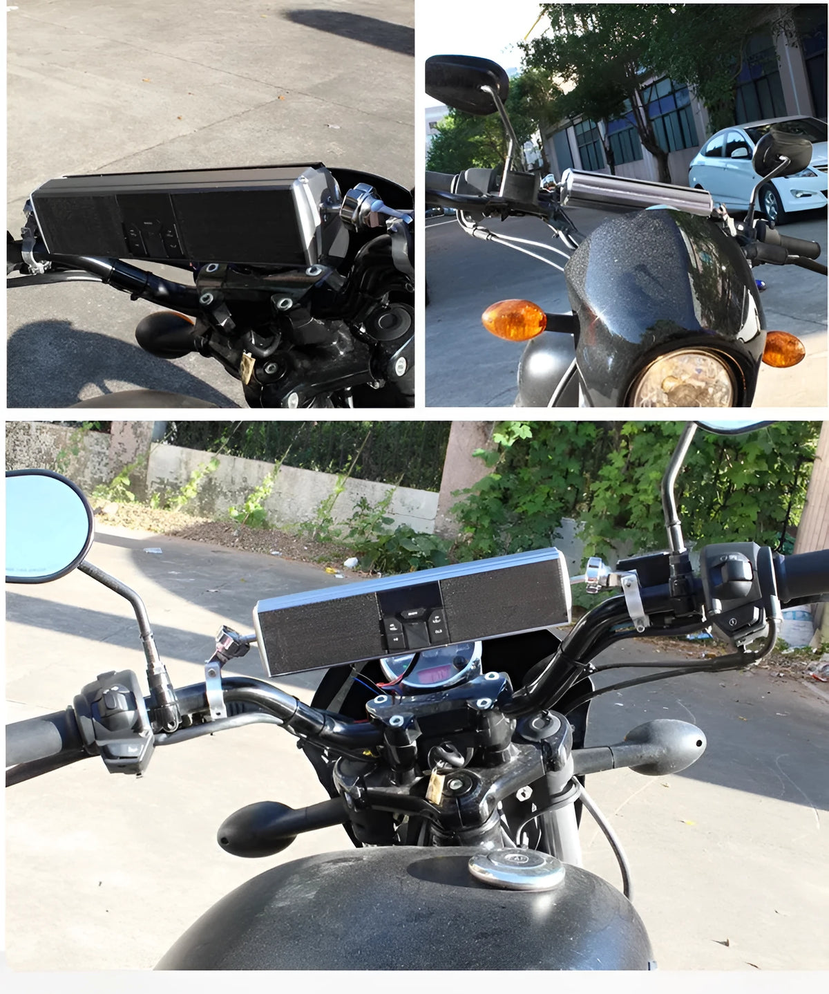 Waterproof motorcycle Bluetooth speaker with integrated amplifier, aluminium body, in gold, silver, or black