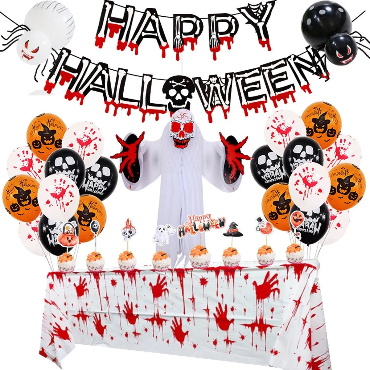 Halloween spider balloon arch decoration set with white and black latex balloons