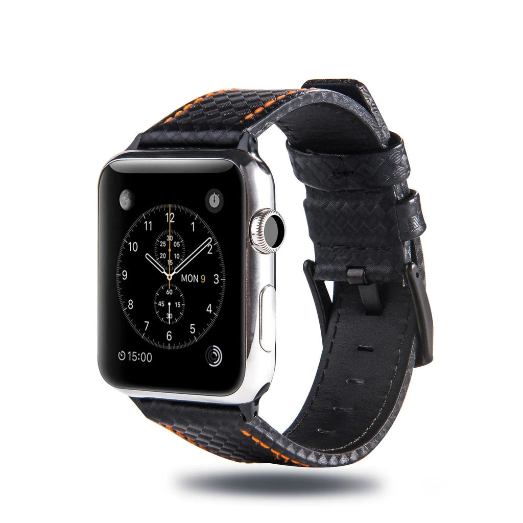 Carbon fibre and leather strap for iPhone watch with PC hard case in black, blue, orange, and red colour options.