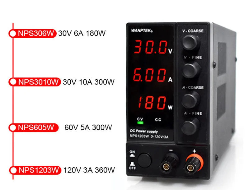 White adjustable DC bench power supply for mobile phone and notebook repair with voltage and current controls.