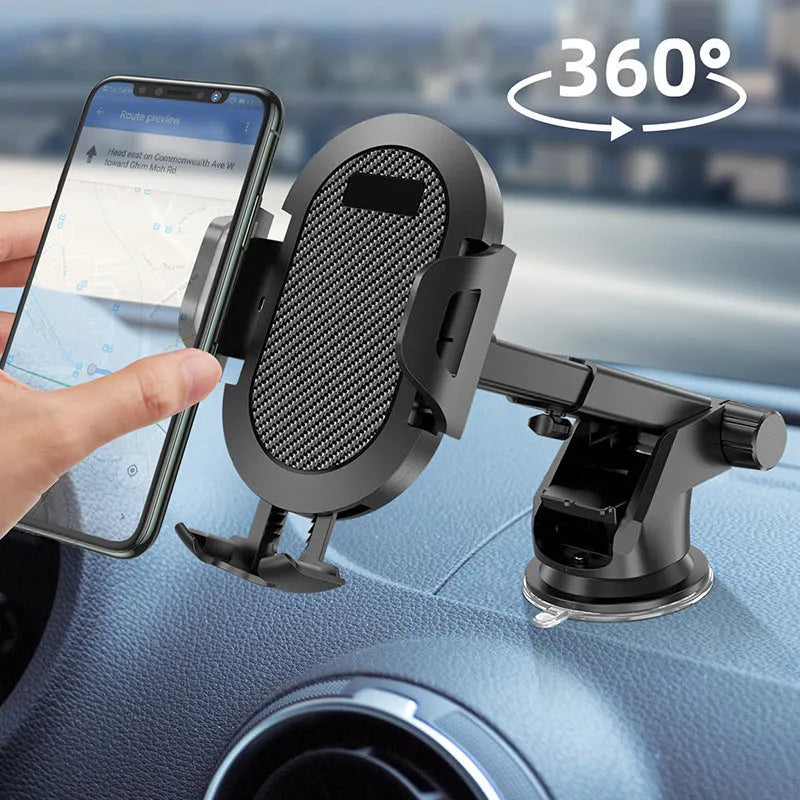 Black-grey car phone holder mounted on vehicle air vent with phone secured