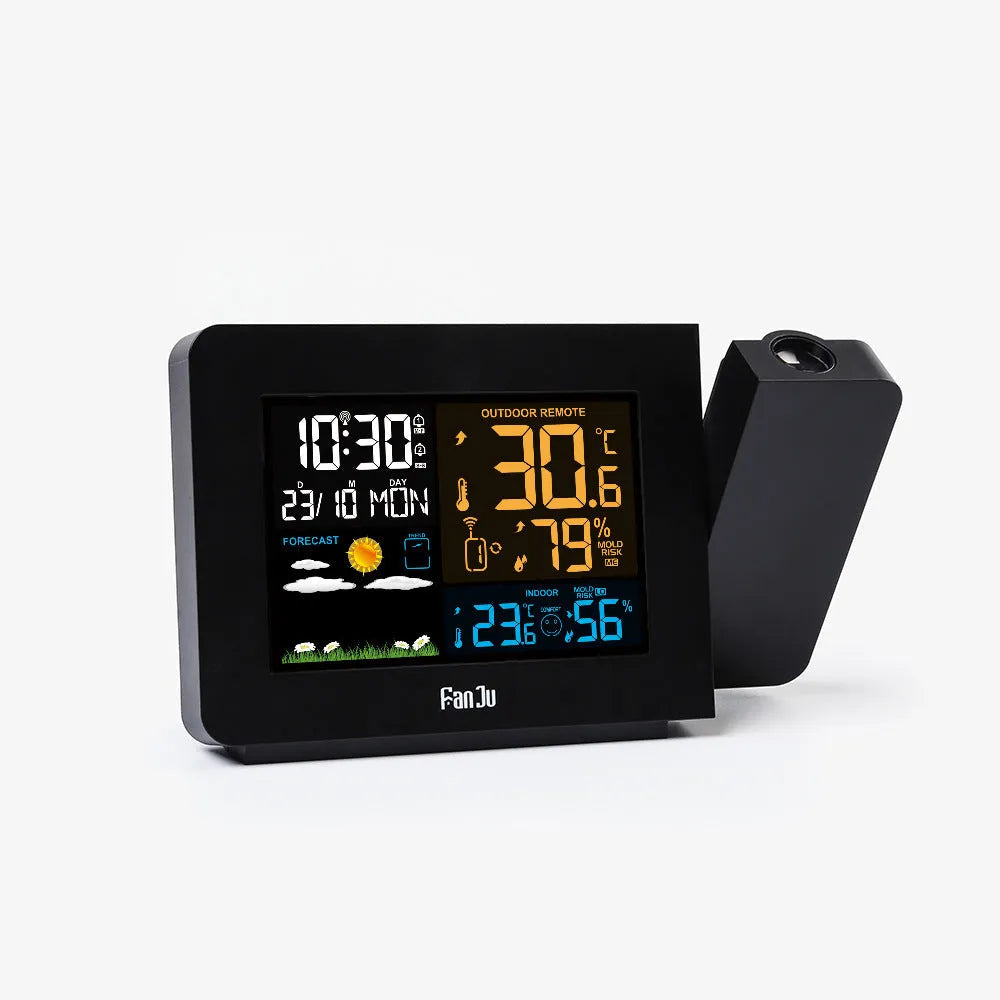 Multifunctional projection alarm clock showing time and temperature, with outdoor sensor and adapter.