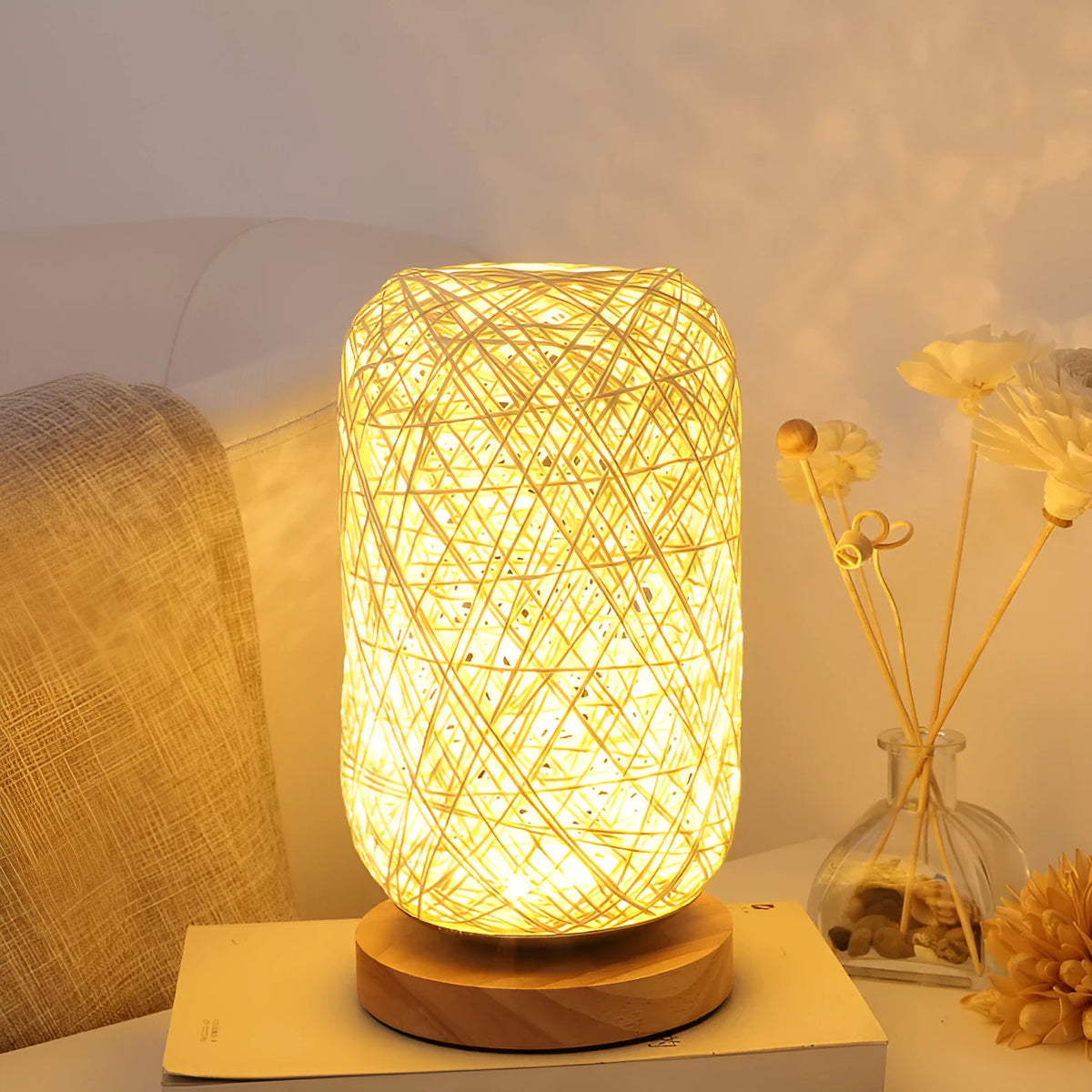 Dimmable LED wooden twine vine night table lamp with beige lampshade remote switch warm light