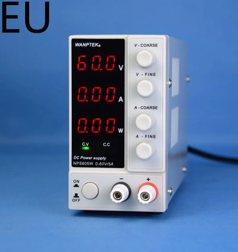 White adjustable DC bench power supply for mobile phone and notebook repair with voltage and current controls.