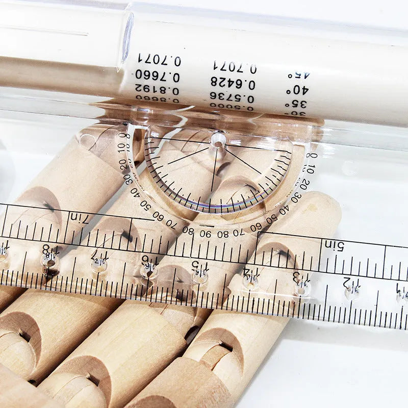 30cm plastic rolling ruler with calibrated rollers, angle and arc rapporteur, and magnifying glass
