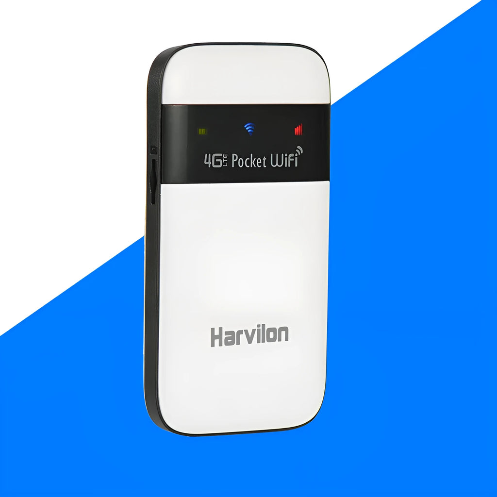 White 4G LTE wireless router with inline SIM card slot, 2300mAh battery and LED display