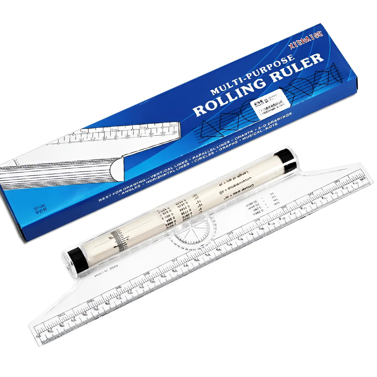 30cm plastic rolling ruler with calibrated rollers, angle and arc rapporteur, and magnifying glass