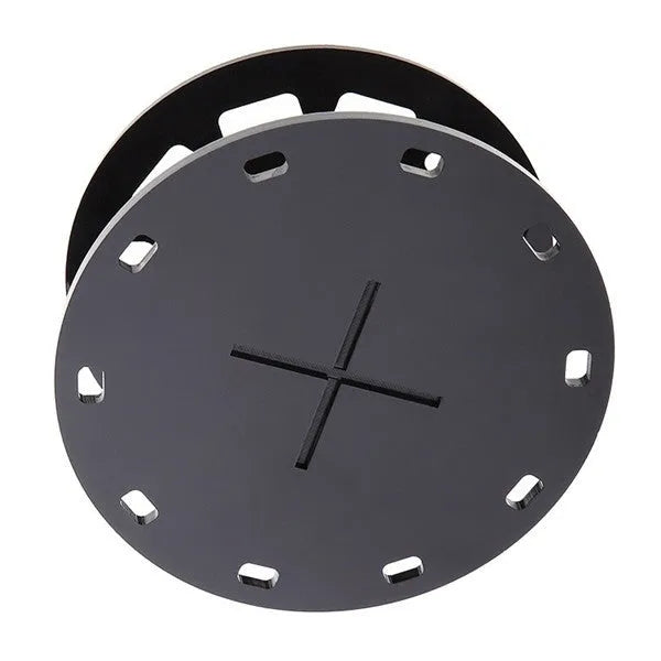 Round black plastic makeup brush holder with 10 holes for storing brushes upright on a vanity or bathroom counter