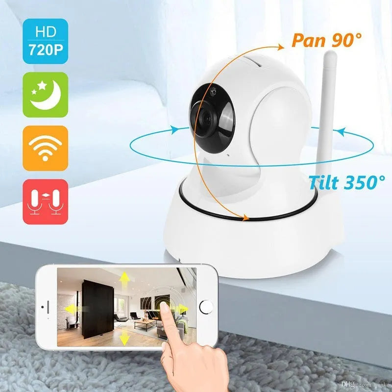 White 720P wireless network camera with Wi-Fi, pan tilt, 3.6mm lens and 10m night vision