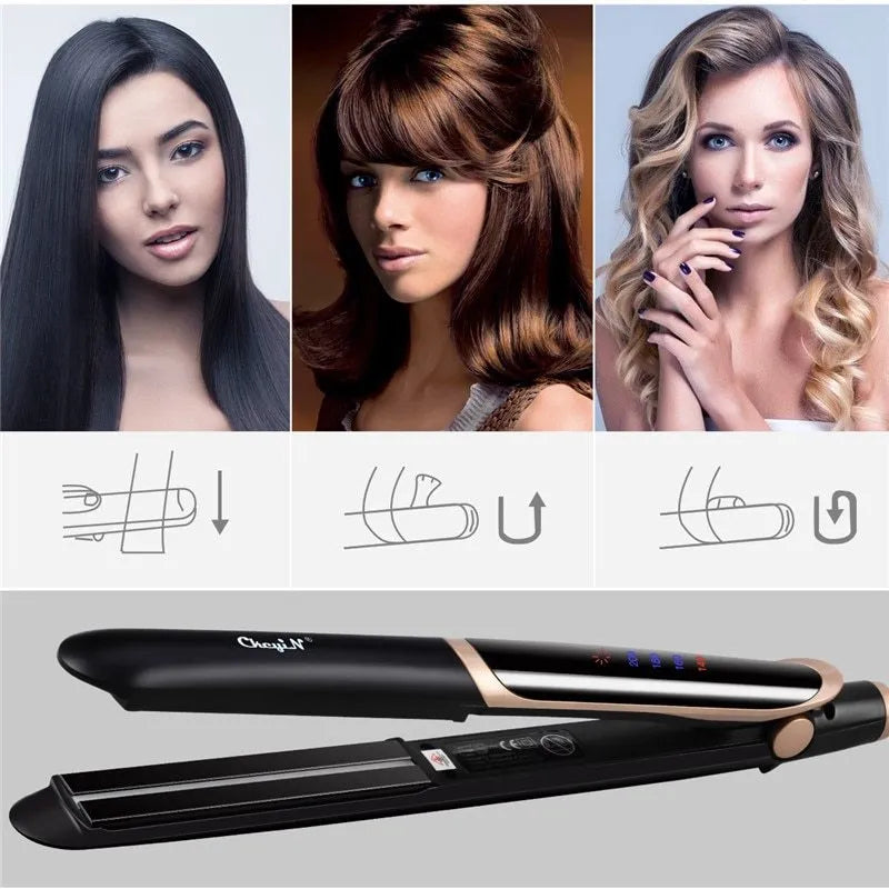 Black professional hair straightener curler flat iron with ceramic tourmaline plates and LED display
