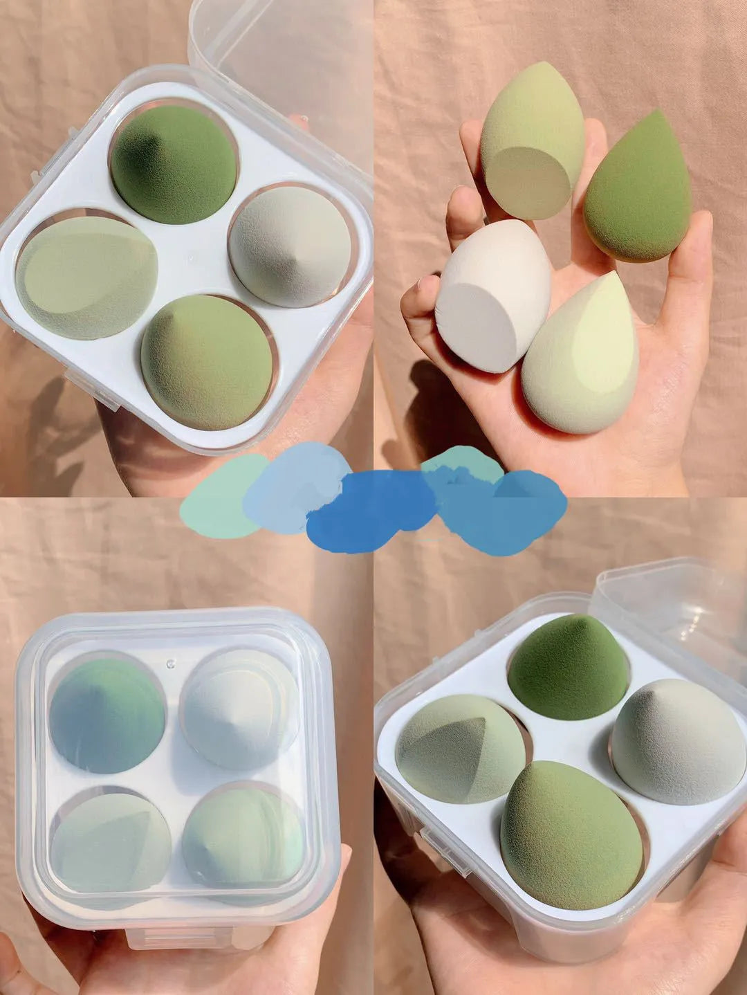 Box containing four coloured makeup egg sponges in Grape, Mango, Mint, and Peach.