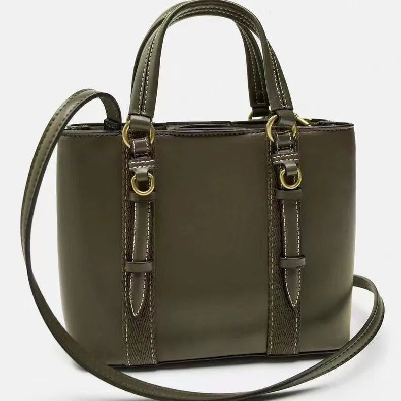 Women's olive green mini city portable messenger bag with single shoulder strap in horizontal square shape