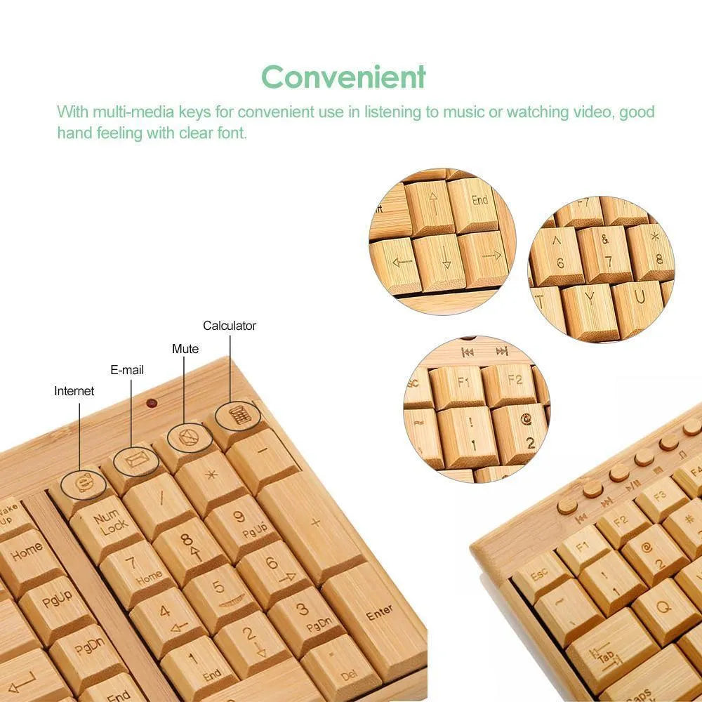 Bamboo wireless keyboard and mouse set, keyboard 400x135x25mm, mouse 94x65x35mm, natural bamboo shell