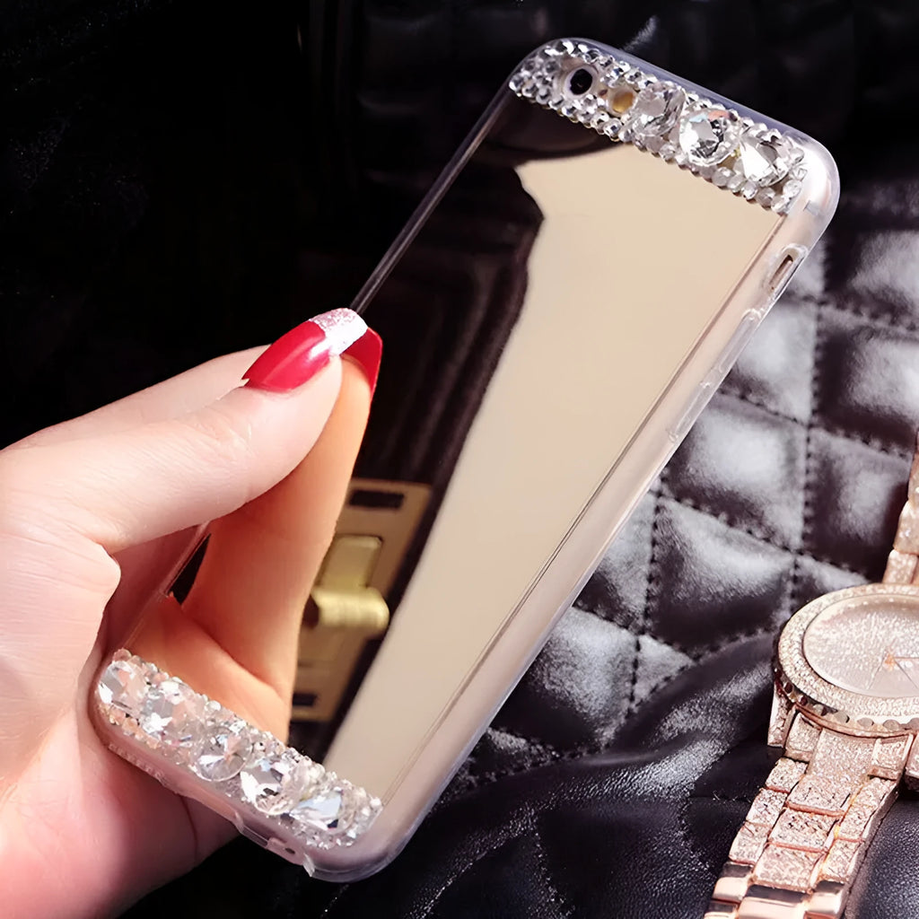 Rhinestone decorated silicone phone case for Huawei mobile in gold colour.
