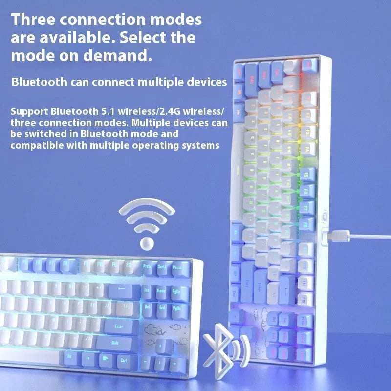 Wireless Bluetooth mechanical keyboard with metal construction in blue white or white purple colour options