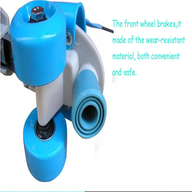 Double row skates in blue, green, or pink with ABS engineering plastic body, adjustable 27-36 yard sizing, and PUU wheels