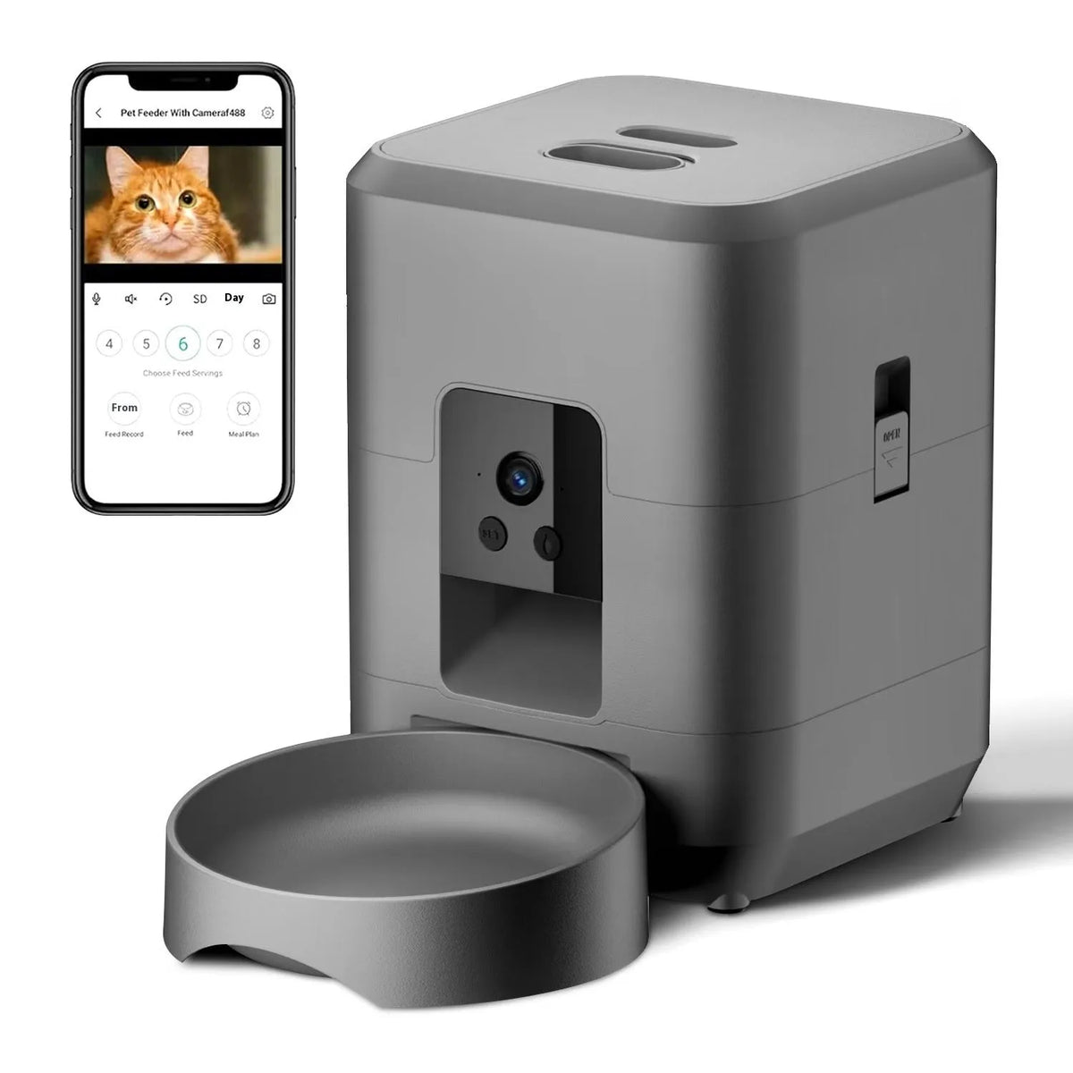 Automatic cat feeder with timer display and food container in white or black colour options