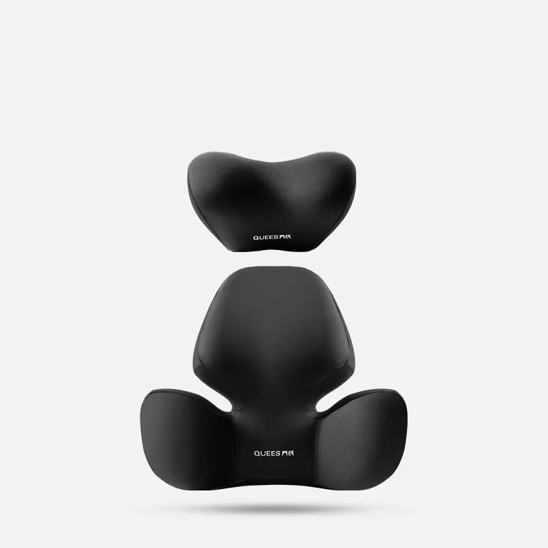 Black grey memory foam automotive lumbar support pillow and headrest on a car seat.