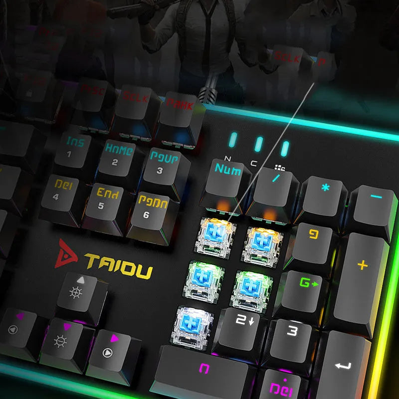 Real mechanical keyboard with RGB backlighting, USB wired connection, metal body, and 104 keys in a full-size layout