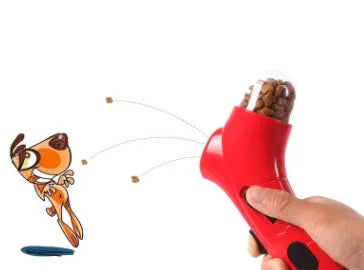 Pet treat launcher made of ABS plastic with spring-loaded trigger and wrist strap