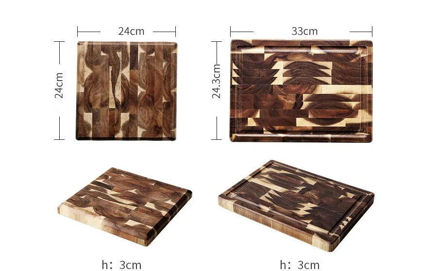 Brown acacia wood kitchen cutting board showing wood grain and 3cm thickness.