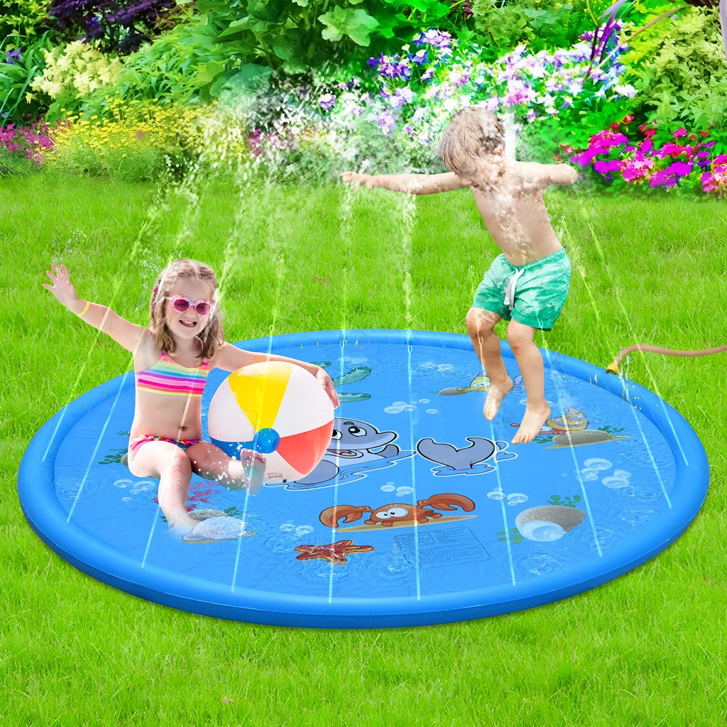 Blue PVC water spray play mat with marine animal graphics measuring 100cm by 170cm for children's outdoor water games
