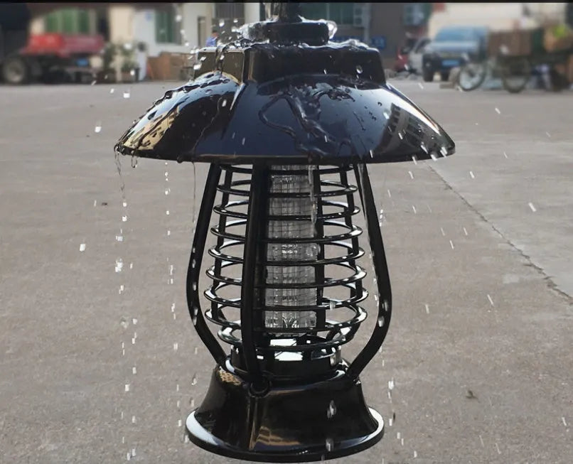 Black solar-powered insecticidal lamp with solar panel and LED lights for outdoor mosquito control