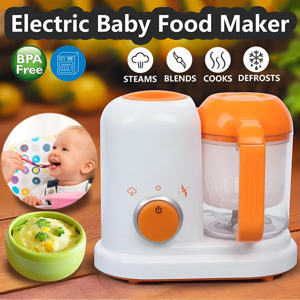 Multi-function baby food processor in light green or light pink, 190ml capacity, 23x12.8x20cm, with steam, blend and heat functions.