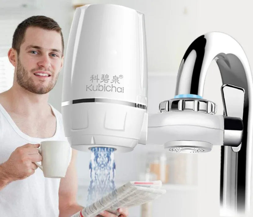 White plastic faucet water filter with ceramic cartridge and universal adapter for kitchen tap