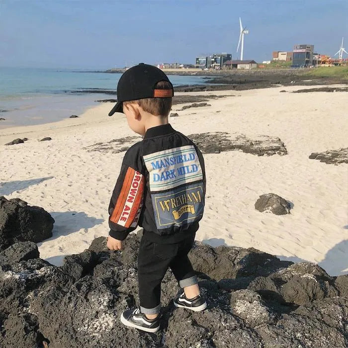 Boys children's PU jacket in black, short length cotton construction, leather-look casual outwear