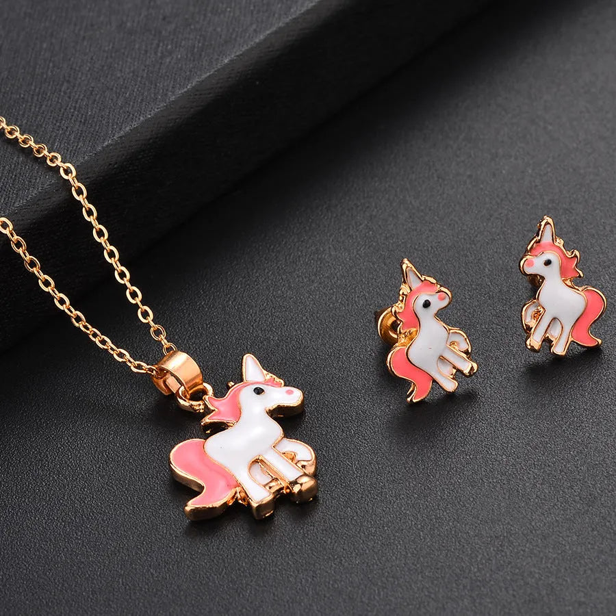 Alloy pony jewellery set with oil painting pony pendant in gold, rose gold or silver, about 150mm long