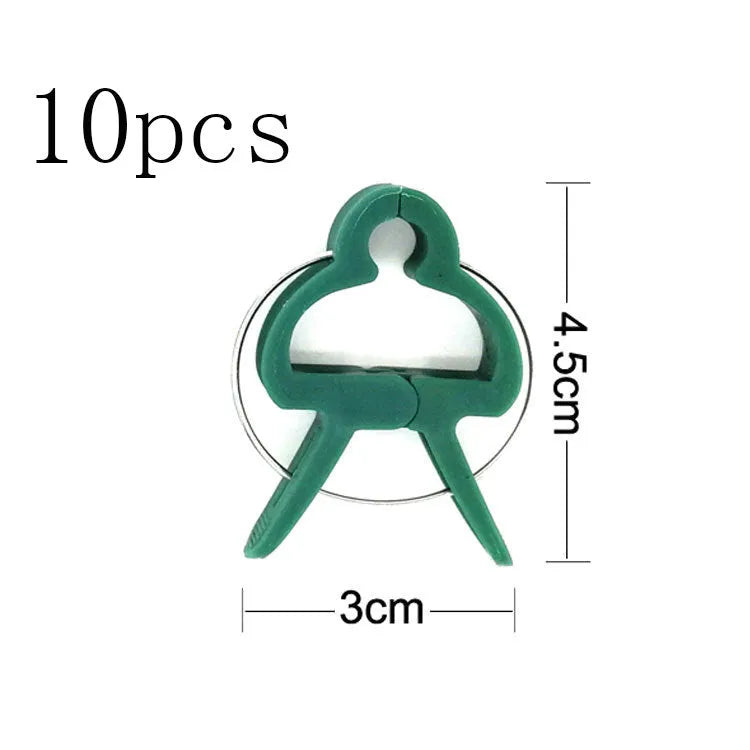 Green plastic and zinc plant fixing clips for supporting climbing garden plants