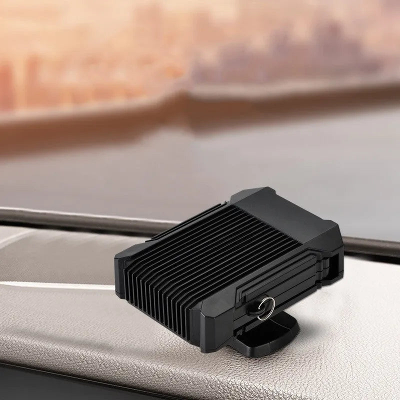 Black ABS plastic 12V car heater defroster with cigarette lighter plug for windscreen defrosting and summer fan use.