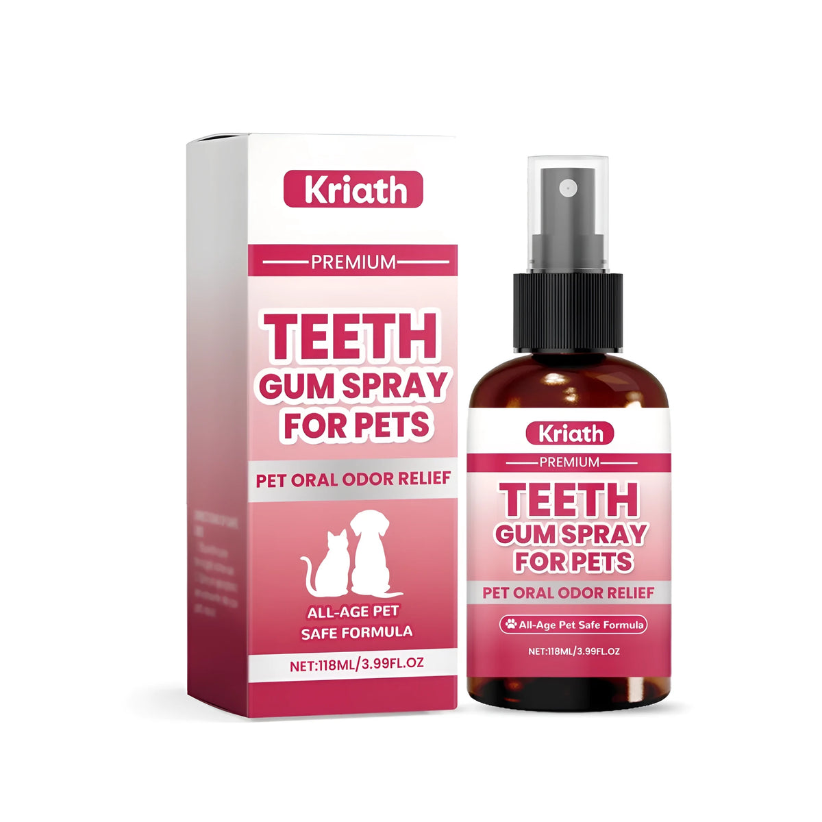 118ml bottle of pet teeth and gum spray for dogs and cats on a white background