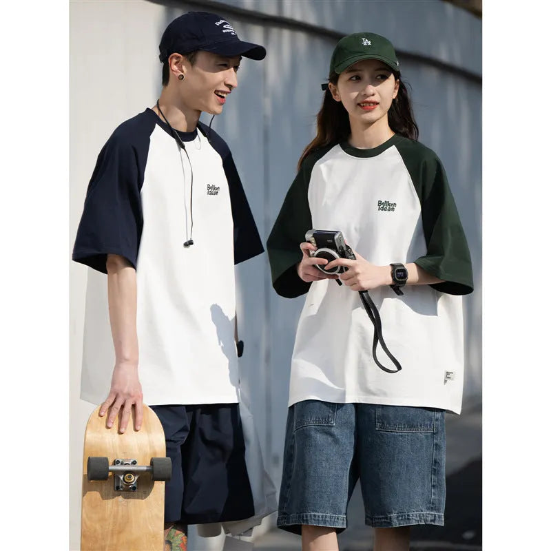 Men's casual blue raglan sleeve t-shirt with Japanese junior style pattern design loose fit