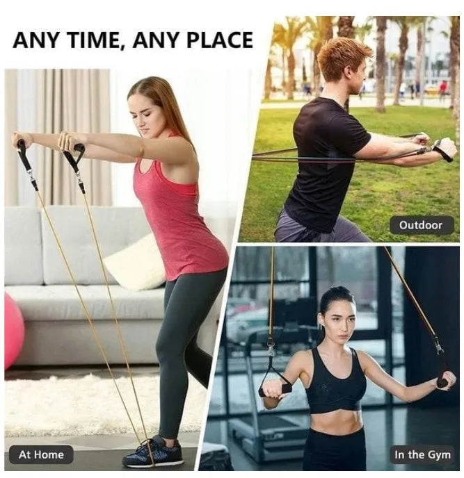 Latex resistance band set with colour-coded pull ropes, handles, foot rings, door buckle, storage bag