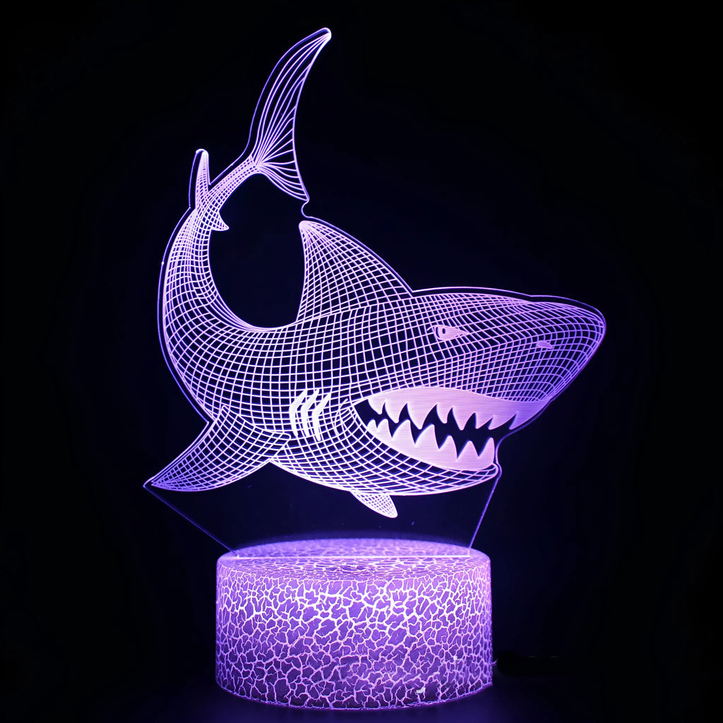 Shark-shaped 3D LED table lamp with colourful lighting and remote control
