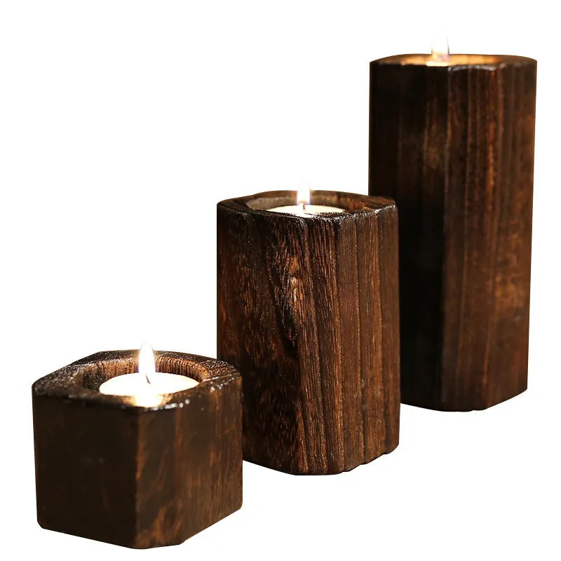 Solid paulownia wood candle holder with charcoal-fired finish, square 6cm top and 4.5cm candle opening