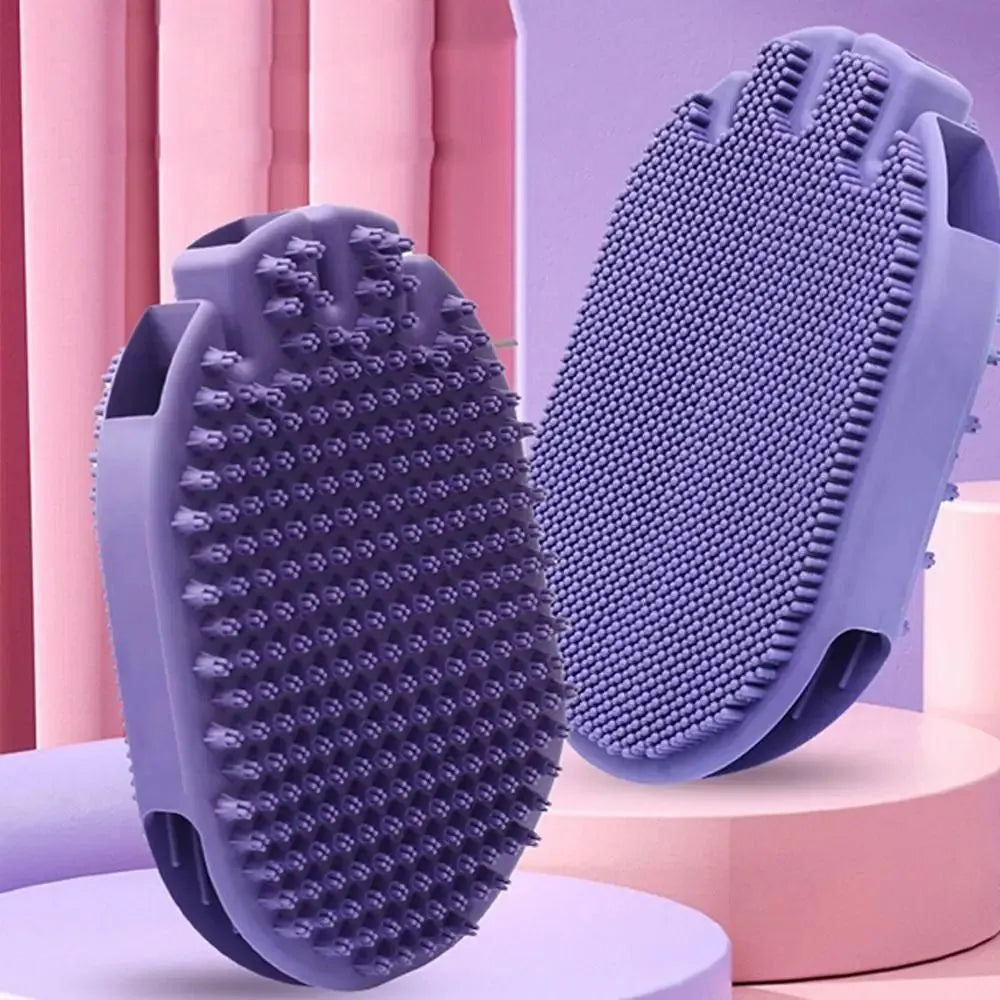 Purple massaging pet shampoo brush with soft TPR bristles for dog grooming
