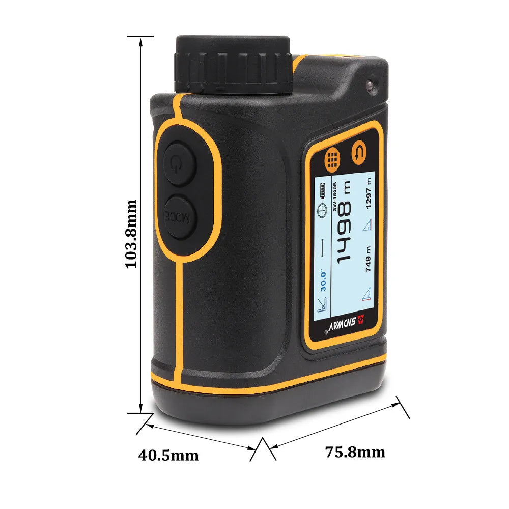 Handheld golf laser rangefinder showing compact 104x76.5x41mm design with distance measurement display