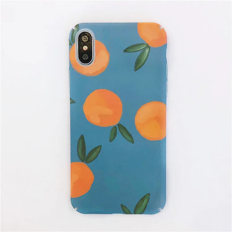 Retro orange and blue plastic back cover case for iPhone models on a table.