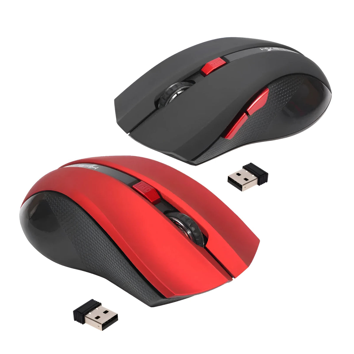 Black wireless optical mouse with 2400 DPI ergonomic design and four-way wheel for laptop or office use