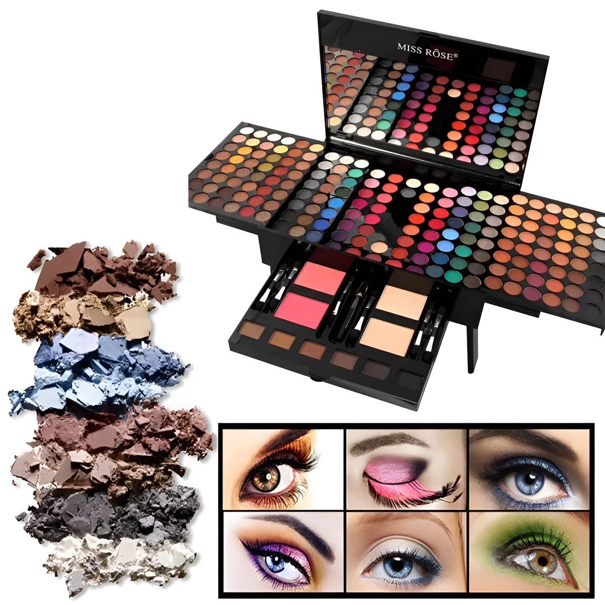 Piano-shaped makeup palette with 190 colour pans including eyeshadows, blush, and face powder