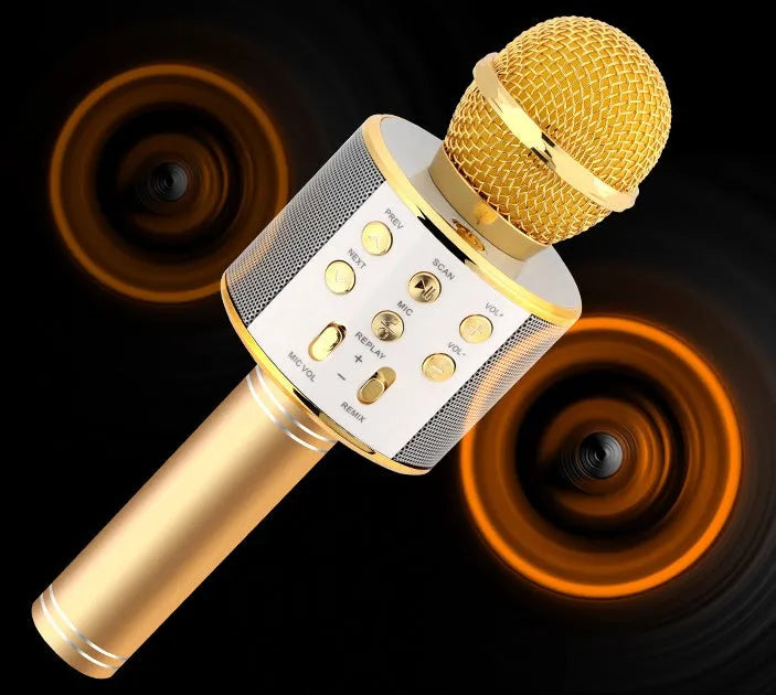 Wireless Bluetooth mini karaoke microphone speaker in black with LED light effects for home singing