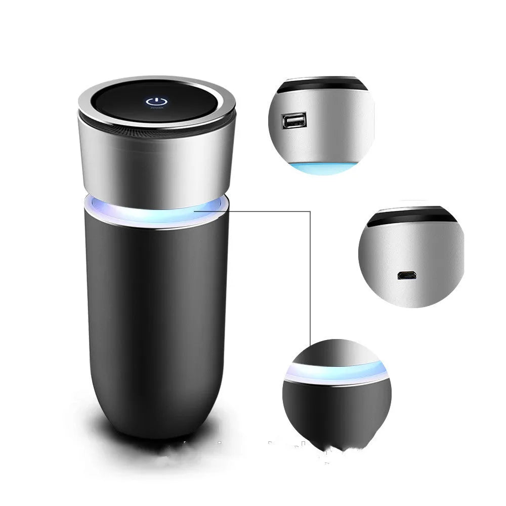 USB negative ion car air purifier 75x75x165mm compact USB-powered air cleaner