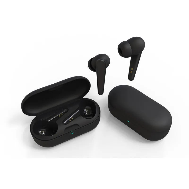 Black ANC active noise cancellation wireless Bluetooth headphones with earplug-style earpieces
