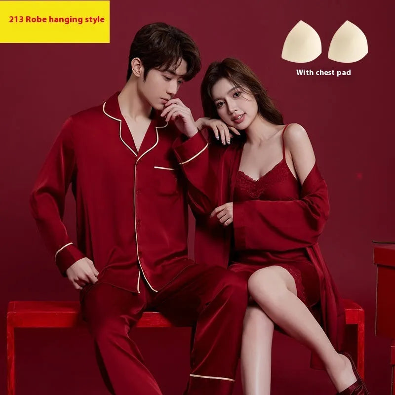 Red ice silk wedding dowry loungewear set for men and women with long sleeves and trousers