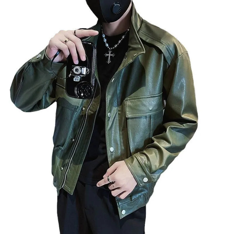 Korean style men's black PU leather pilot jacket with straight hem and side seam pockets